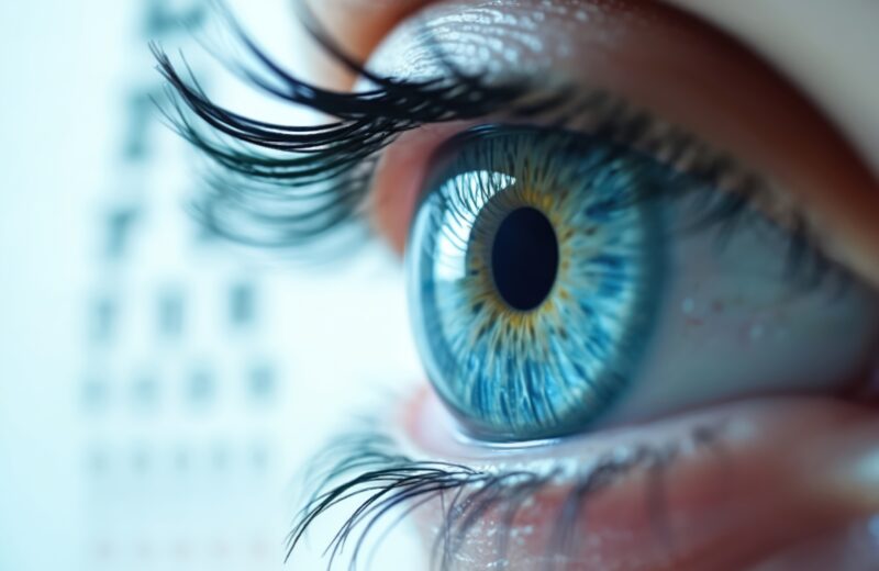 Detailed close-up of blue eye with eye test chart background suggesting eyesight exam. Opthalmology concept demonstrates vision check-up, eye health, medical diagnosis, care for healthy lifestyle,