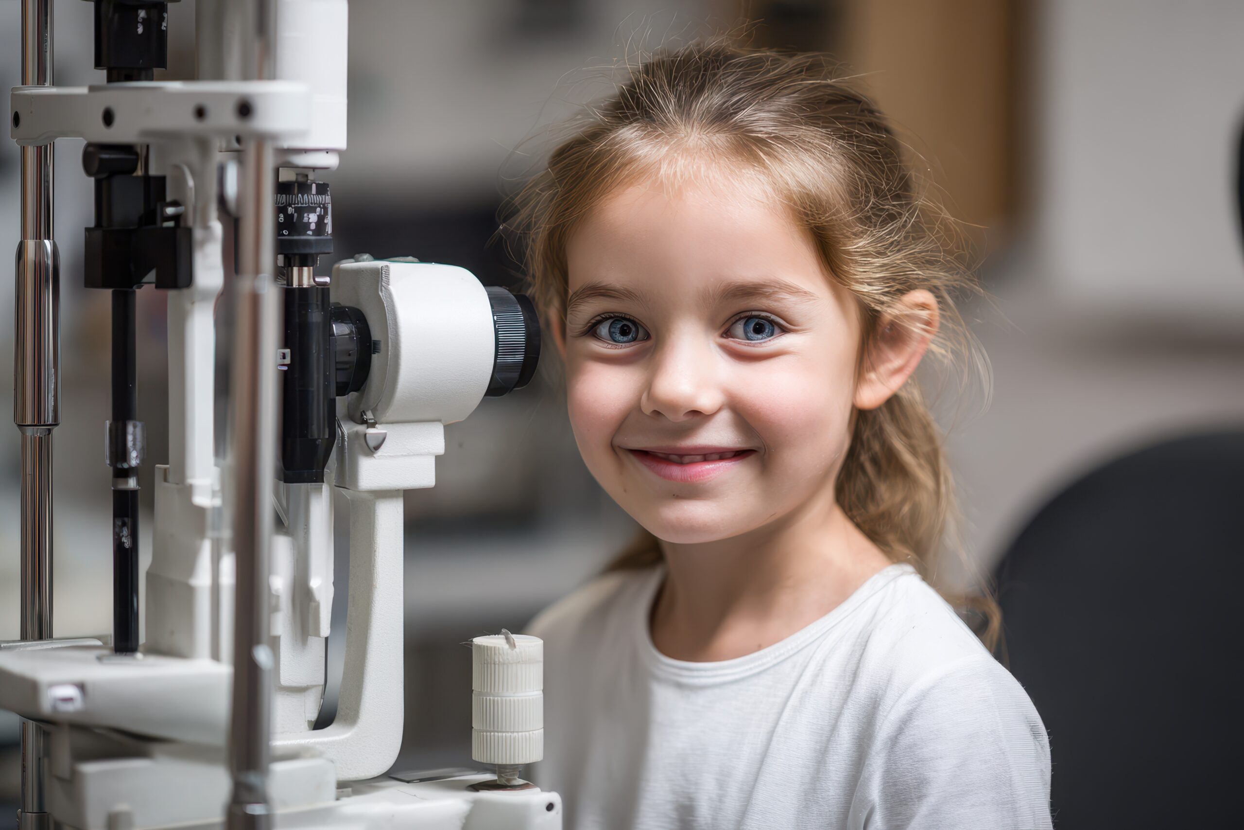 Eye Exam Child. Health Care Check-Up for Little Girl at Eye Clinic with Slit Lamp Machine